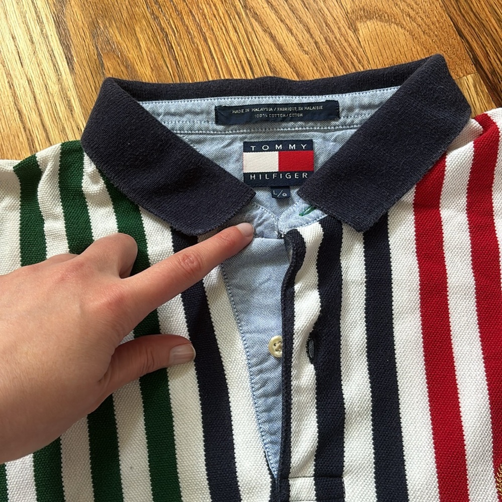 Vintage Y2K Tommy Hilfiger Striped Polo Shirt Top Crest Multicolored 90s VTG L - Picture 7 of 8